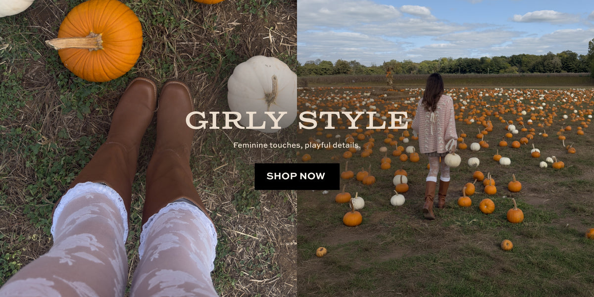 A split-screen lifestyle image featuring a person in a pumpkin patch. The left side shows a first-person view of legs in brown boots and white patterned leggings next to orange and white pumpkins, with the text 'GIRLY STYLE' and 'SHOP NOW'.