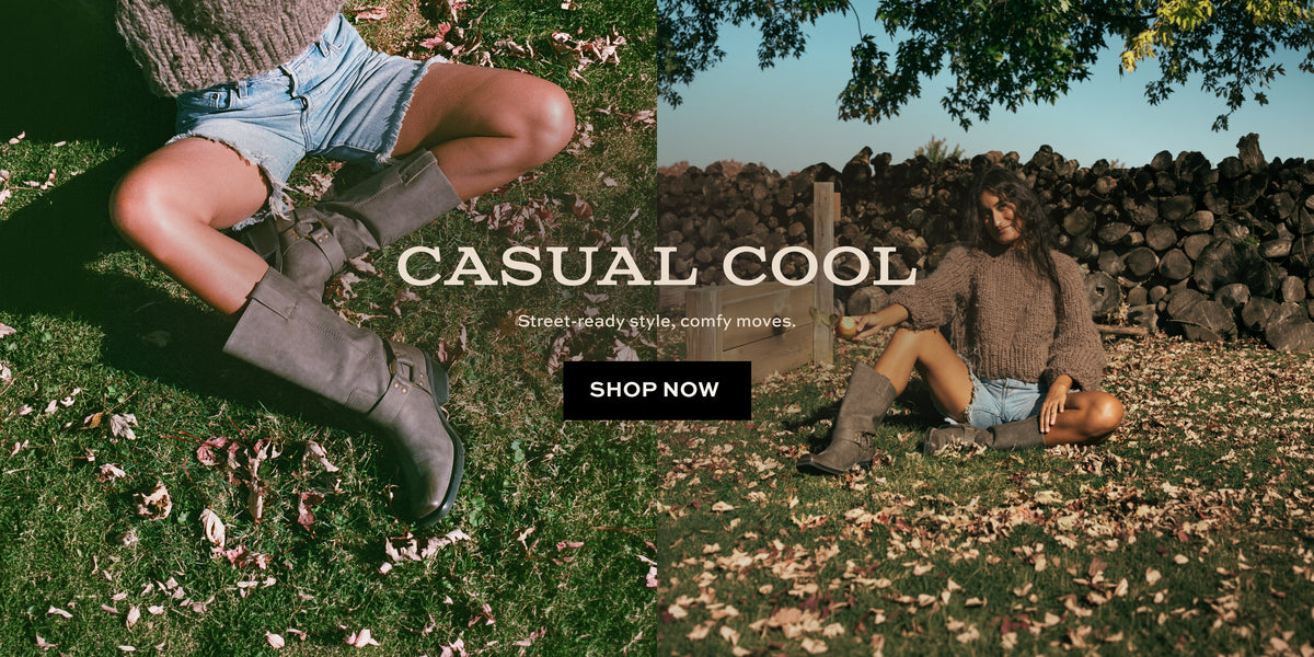 Promotional banner featuring a woman wearing gray knee-high boots with shorts and a knit sweater, alongside a close-up of the boots. Text reads “CASUAL COOL,” “Street-ready style, comfy moves,” and “SHOP NOW.”