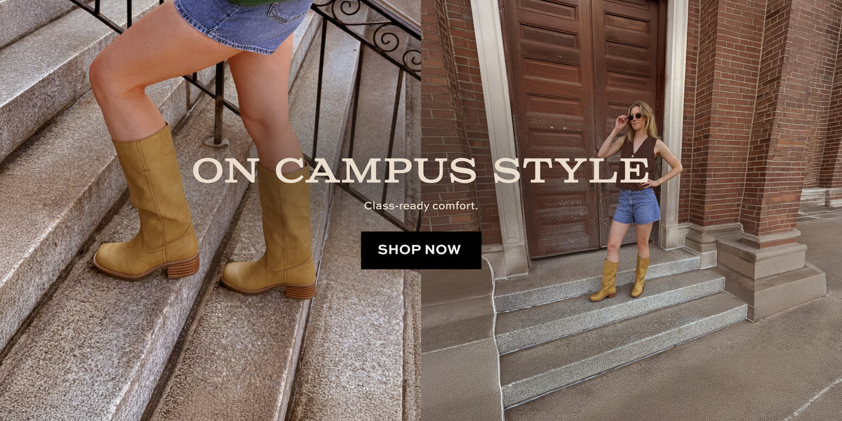 Promotional banner featuring a close-up of tan knee-high boots and a woman wearing the boots with denim shorts outside a brick building. Text reads “ON CAMPUS STYLE,” “Class-ready comfort,” and “SHOP NOW.”