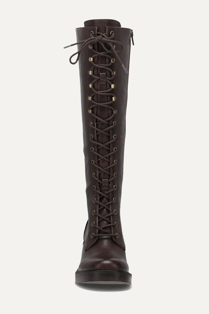 Fynn Knee High Lace Up - Dark Brown - Front