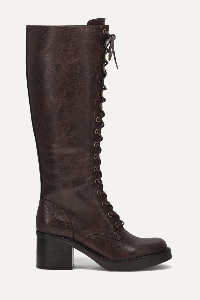 Fynn Knee High Lace Up - Dark Brown - Outside